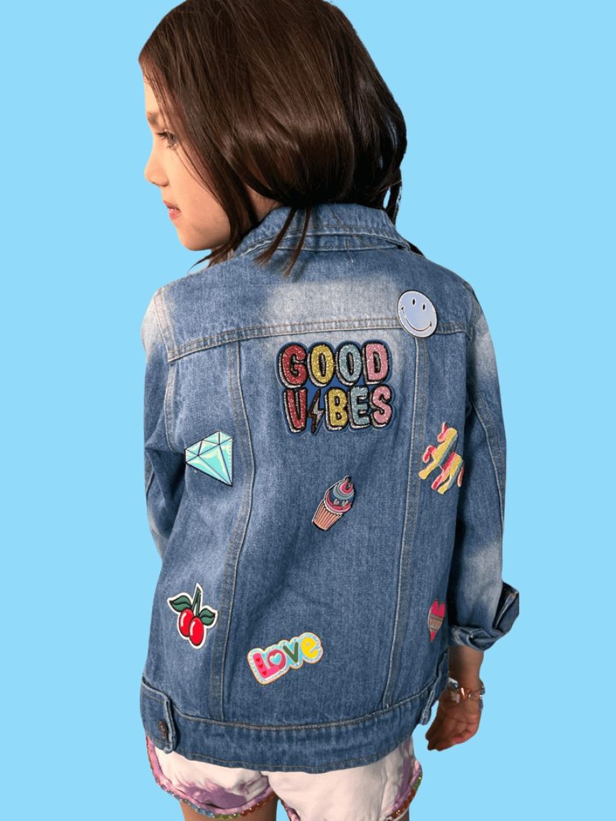 Girls * | Lola + The Boys New Arrivals Good Vibes Plastic Patches Denim Jacket