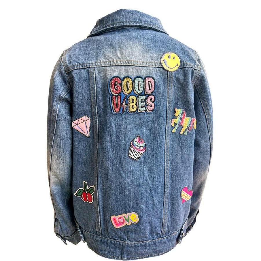 Girls * | Lola + The Boys New Arrivals Good Vibes Plastic Patches Denim Jacket