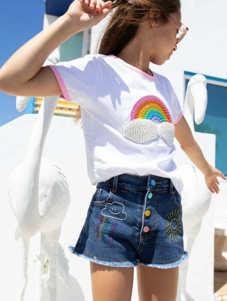 Girls * | Lola + The Boys Girls Embroidered Rainbow Shorts Denim