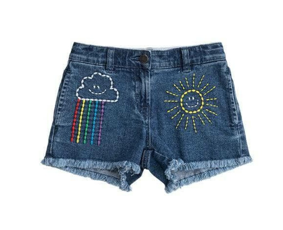 Girls * | Lola + The Boys Girls Embroidered Rainbow Shorts Denim