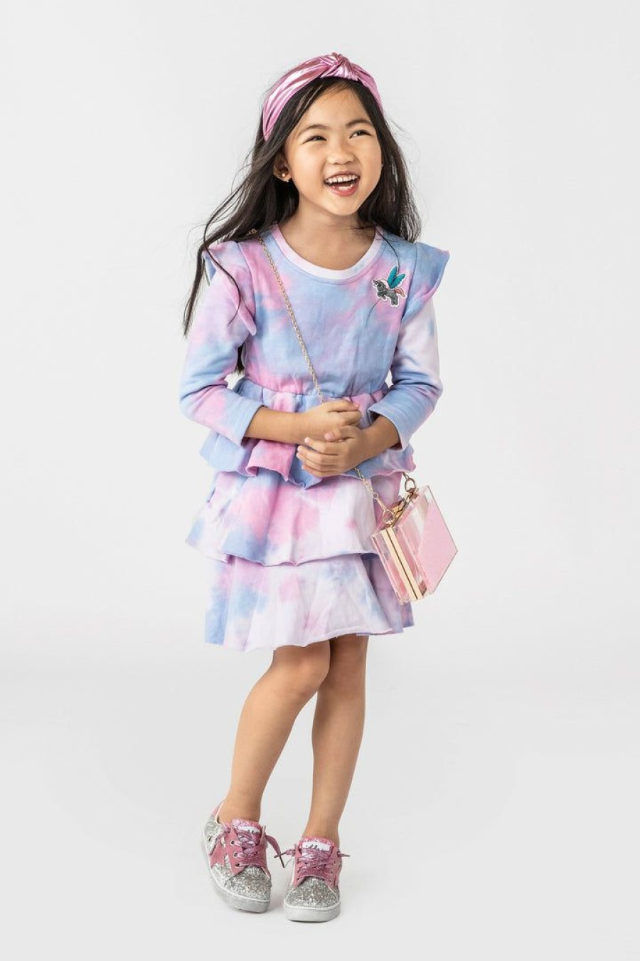 Girls * | Lola + The Boys Tie Dye Ruffle Dress Long Sleeve Girls