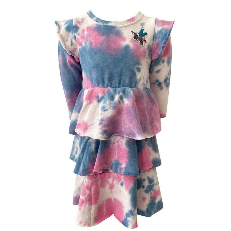 Girls * | Lola + The Boys Tie Dye Ruffle Dress Long Sleeve Girls