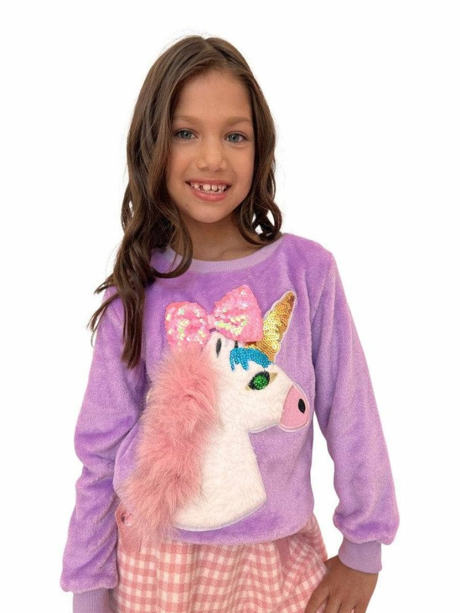 Girls * | Lola + The Boys Sequin Bow Velour Unicorn Sweatshirt New Arrivals