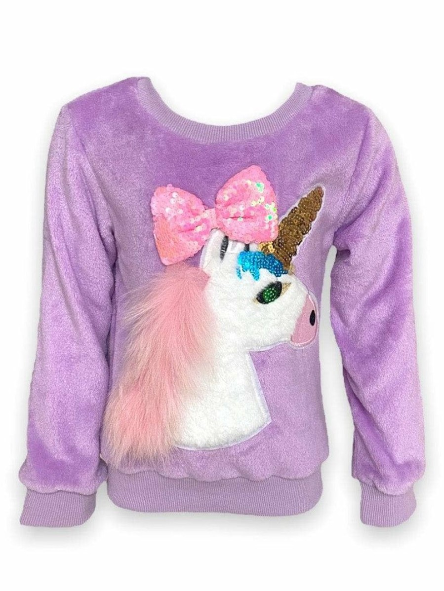 Girls * | Lola + The Boys Sequin Bow Velour Unicorn Sweatshirt New Arrivals