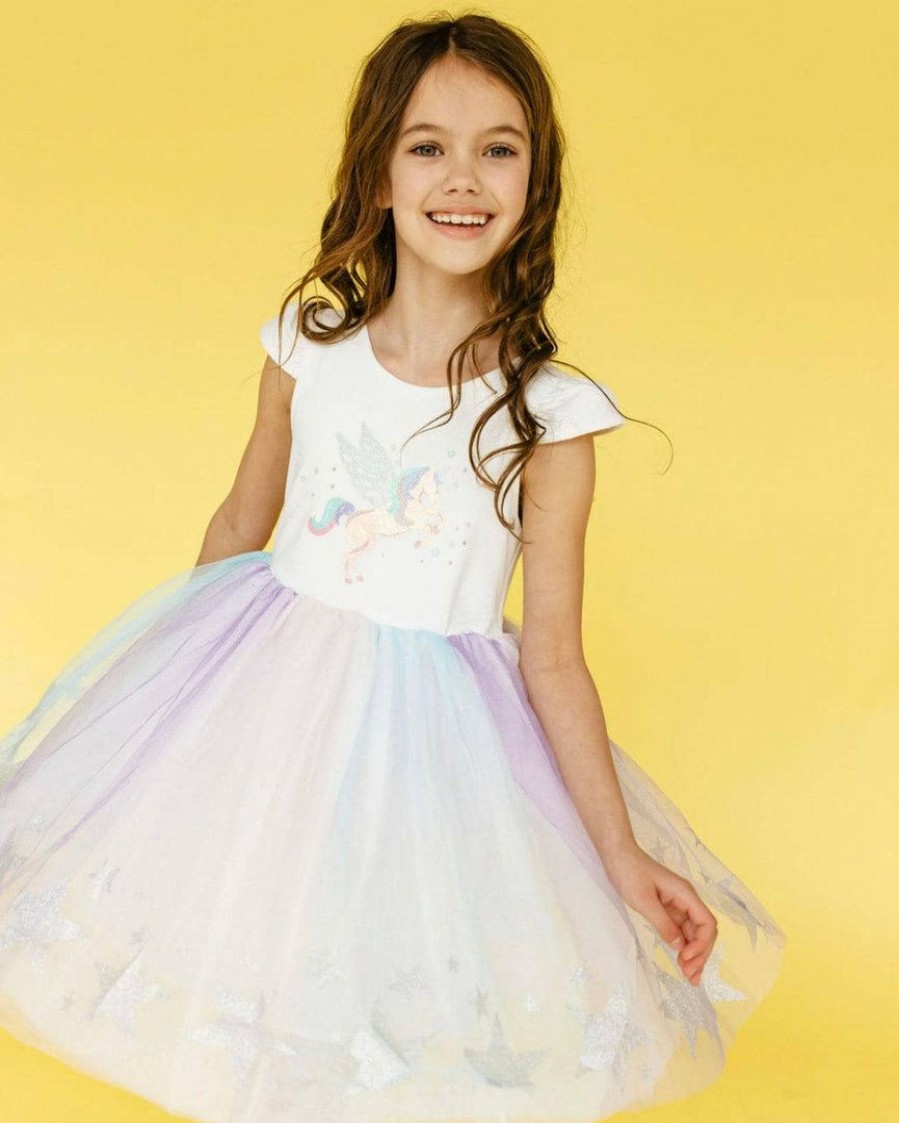 Girls * | Lola + The Boys Girls Glitter Wing Unicorn Pastel Dress