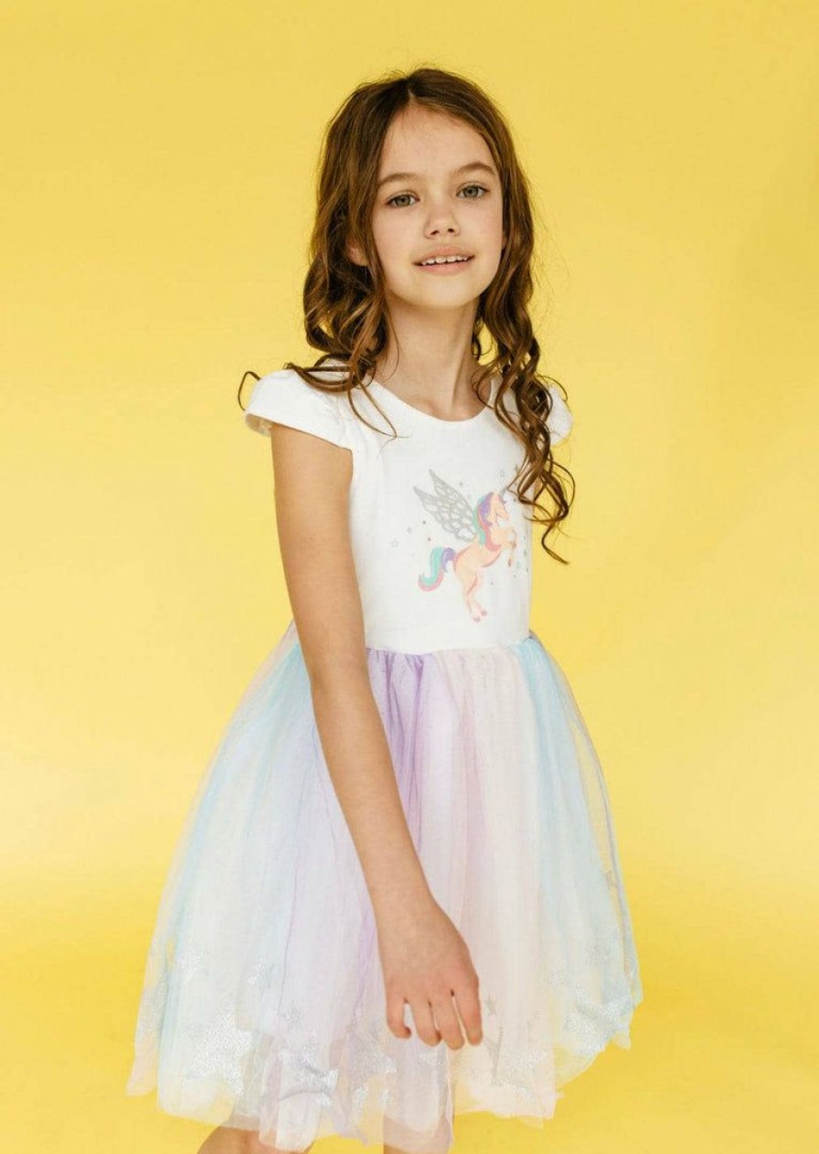 Girls * | Lola + The Boys Girls Glitter Wing Unicorn Pastel Dress