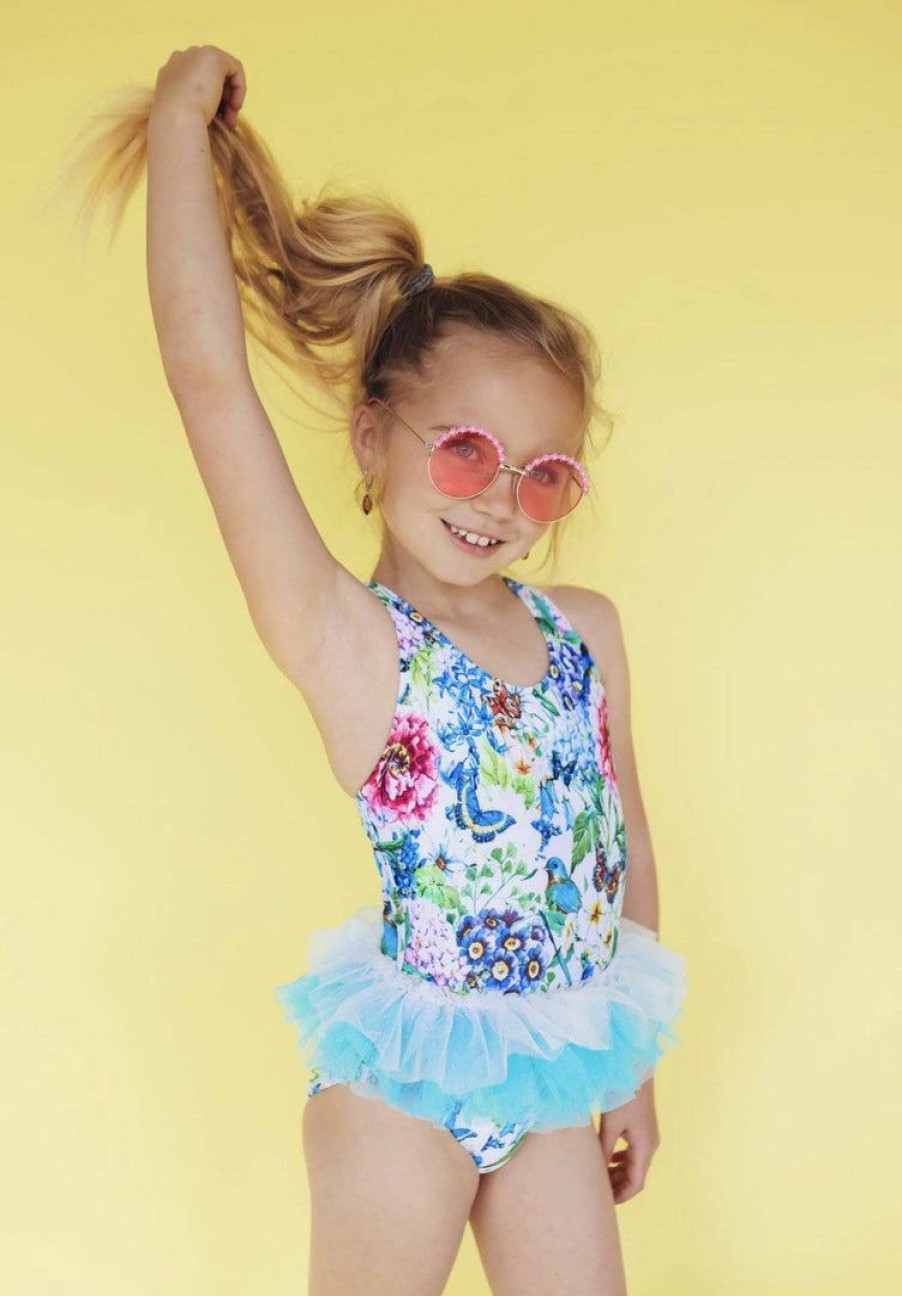 Girls * | Lola + The Boys Butterfly Garden Floral And Tulle Swimsuit And Swim Cap Blue