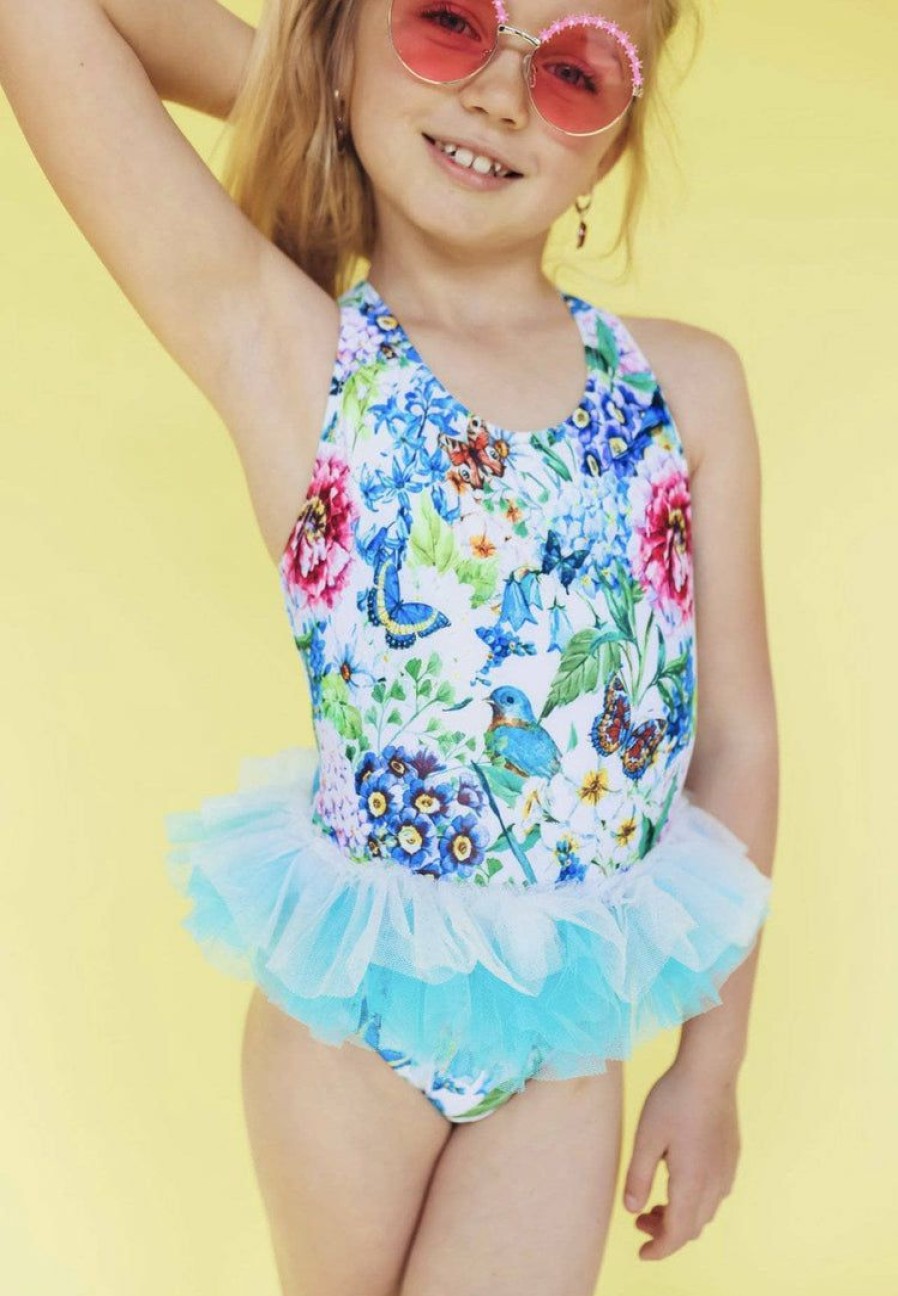 Girls * | Lola + The Boys Butterfly Garden Floral And Tulle Swimsuit And Swim Cap Blue