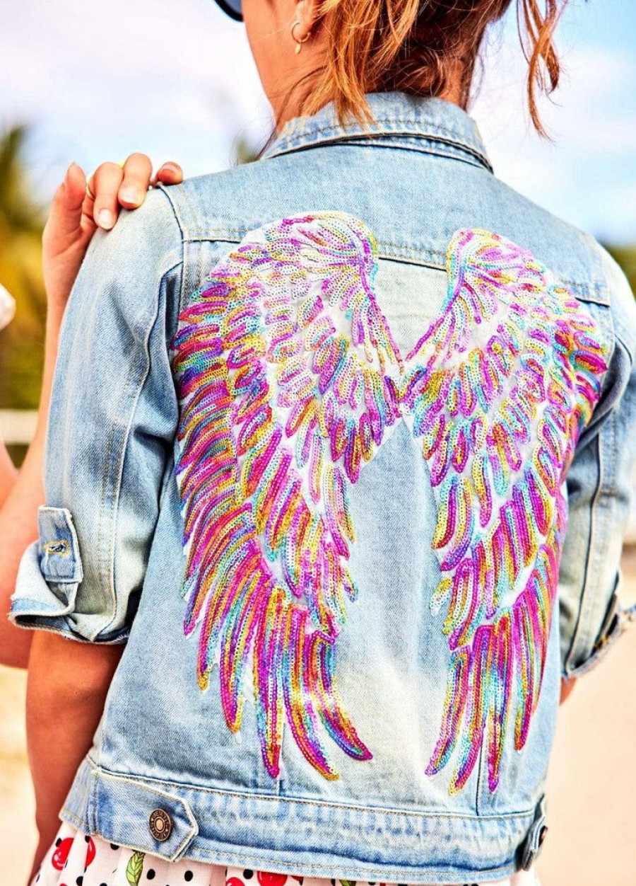 Girls * | Lola & The Boys Neon Angel Wings Denim Jacket Rainbow