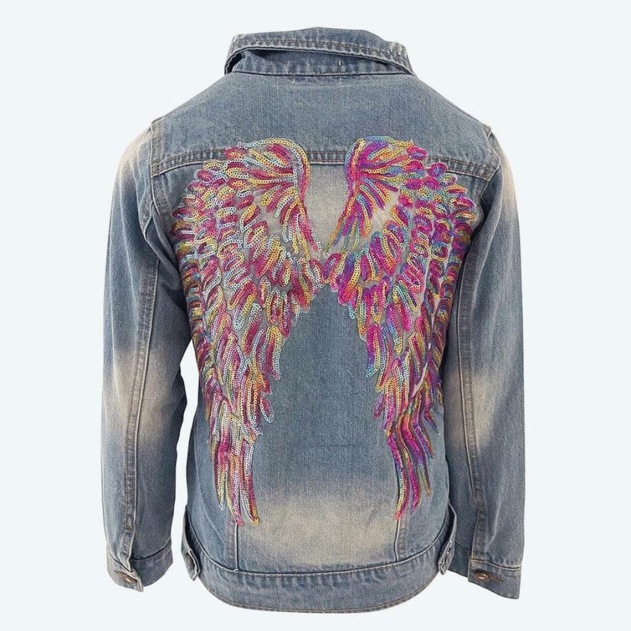 Girls * | Lola & The Boys Neon Angel Wings Denim Jacket Rainbow