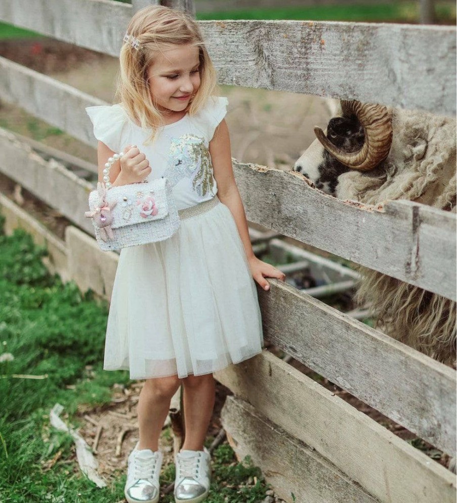 Girls * | Lola + The Boys Girls Gold And White Unicorn Ruffle Sleeve Dress