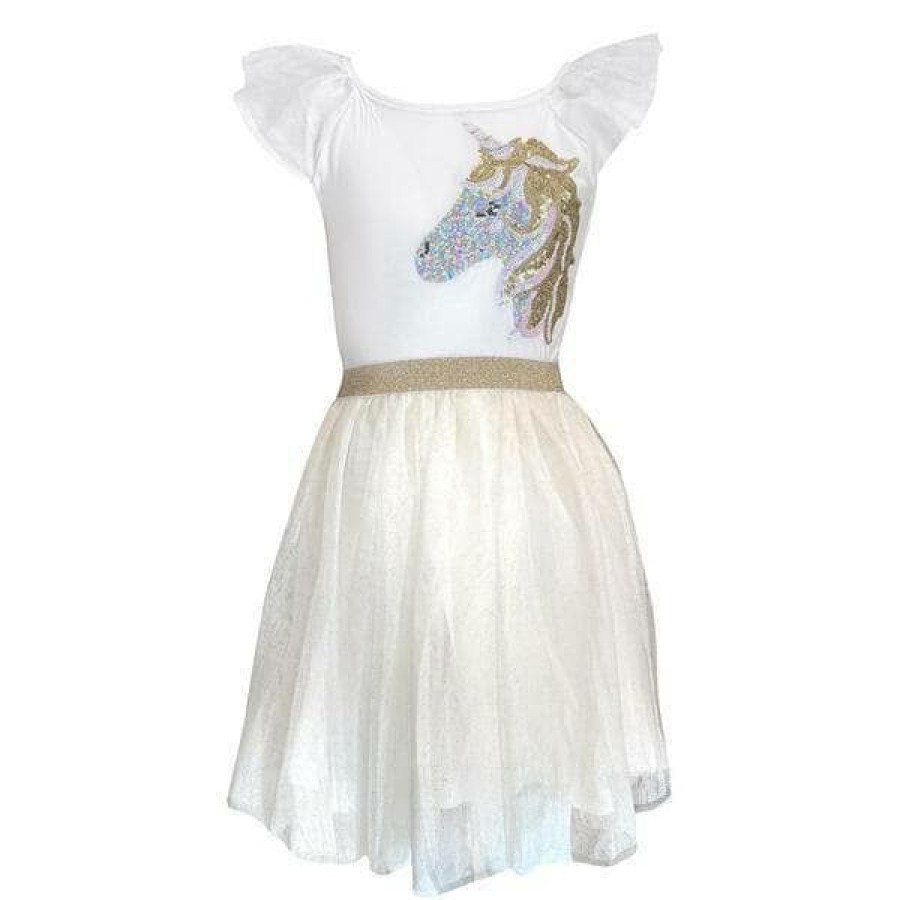 Girls * | Lola + The Boys Girls Gold And White Unicorn Ruffle Sleeve Dress