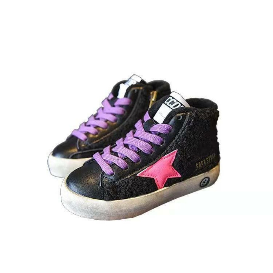 Girls * | Lola + The Boys New Arrivals Pink & Black High Top Sherpa Sneaker