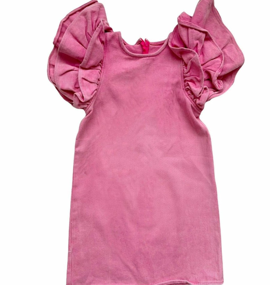 Girls * | Lola + The Boys Pink Princess Ruffle Denim Dress New Arrivals