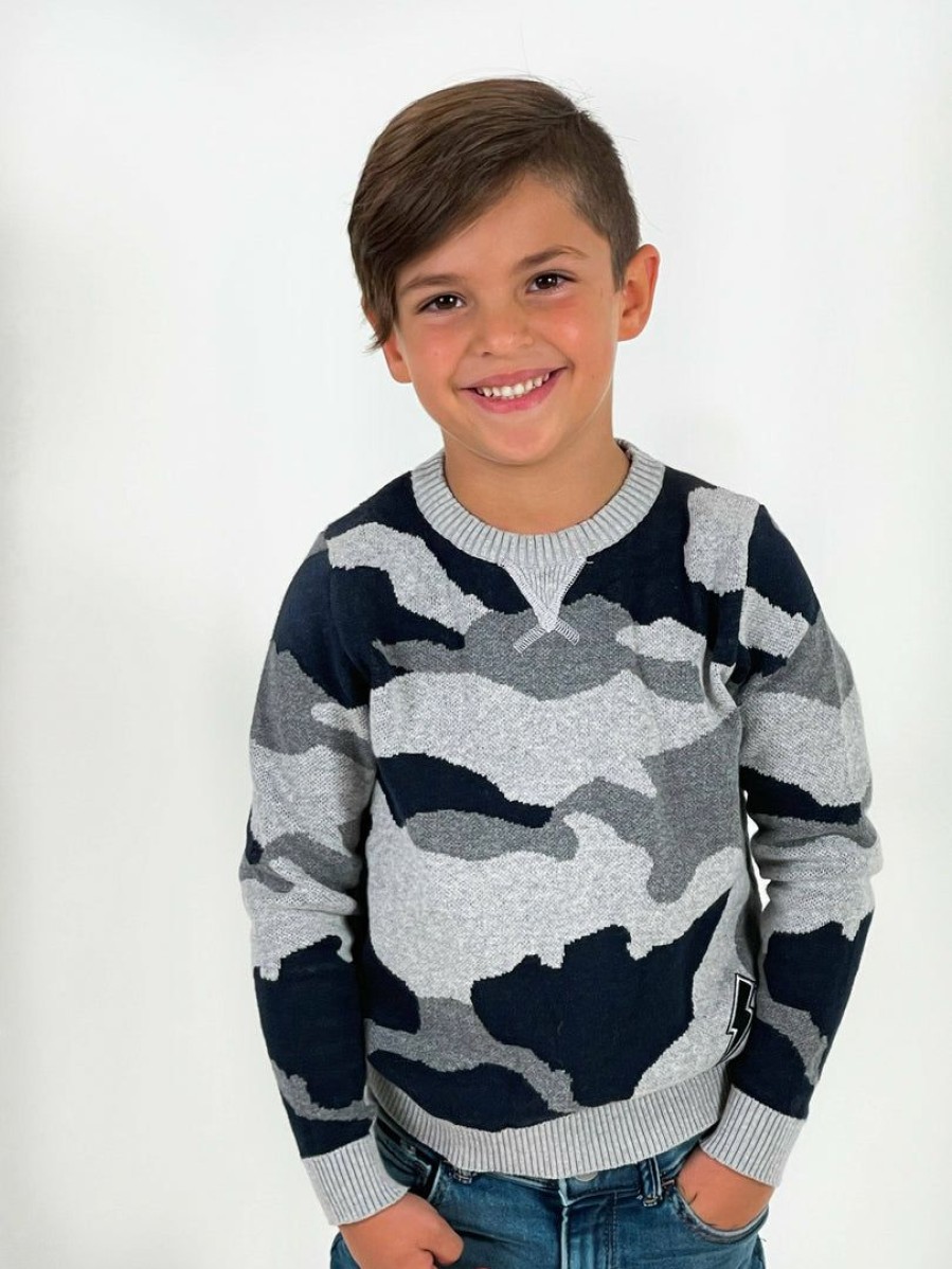 Boys * | Lola + The Boys Grey Camo Flash Patch Sweater