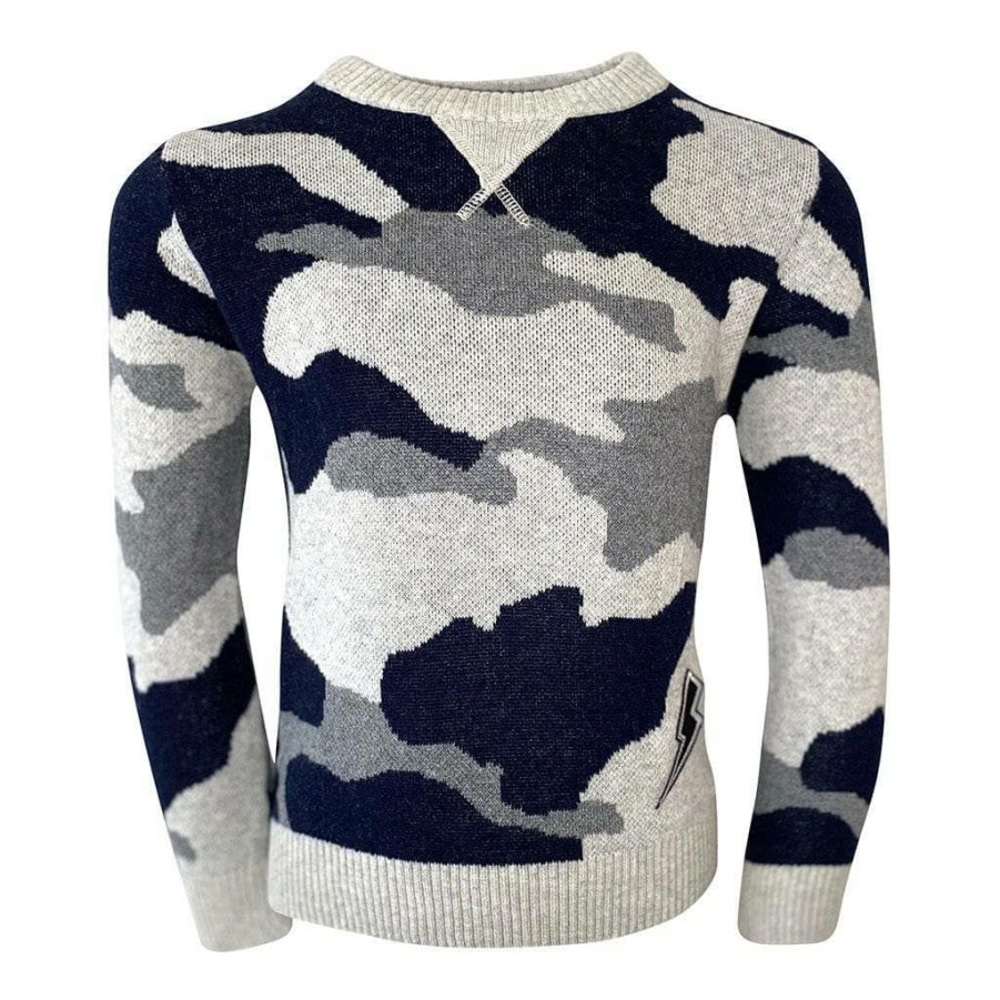 Boys * | Lola + The Boys Grey Camo Flash Patch Sweater