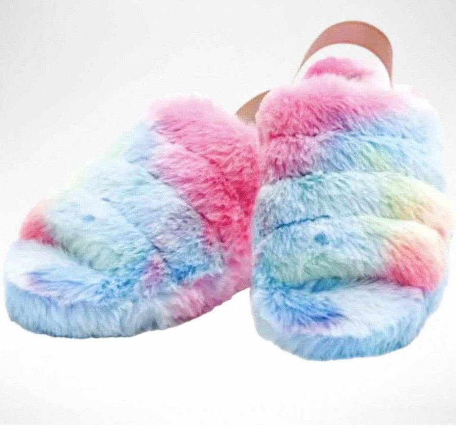 Girls * | Lola + The Boys Girls Tie Dye Rainbow Fur Slides