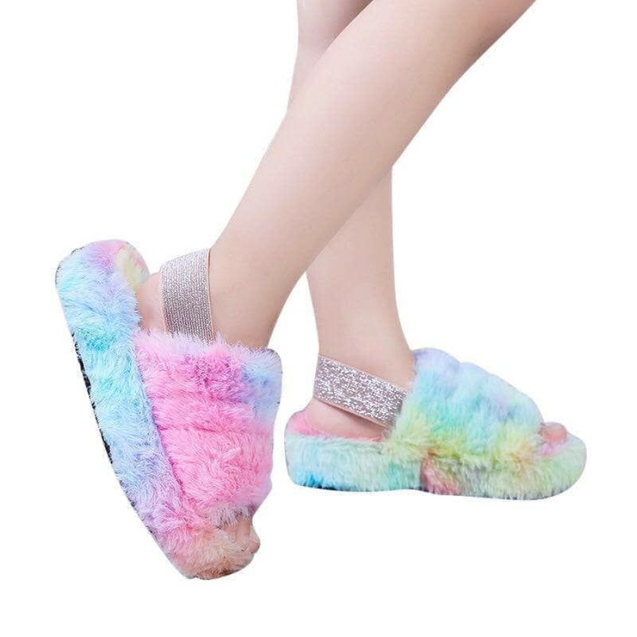 Girls * | Lola + The Boys Girls Tie Dye Rainbow Fur Slides