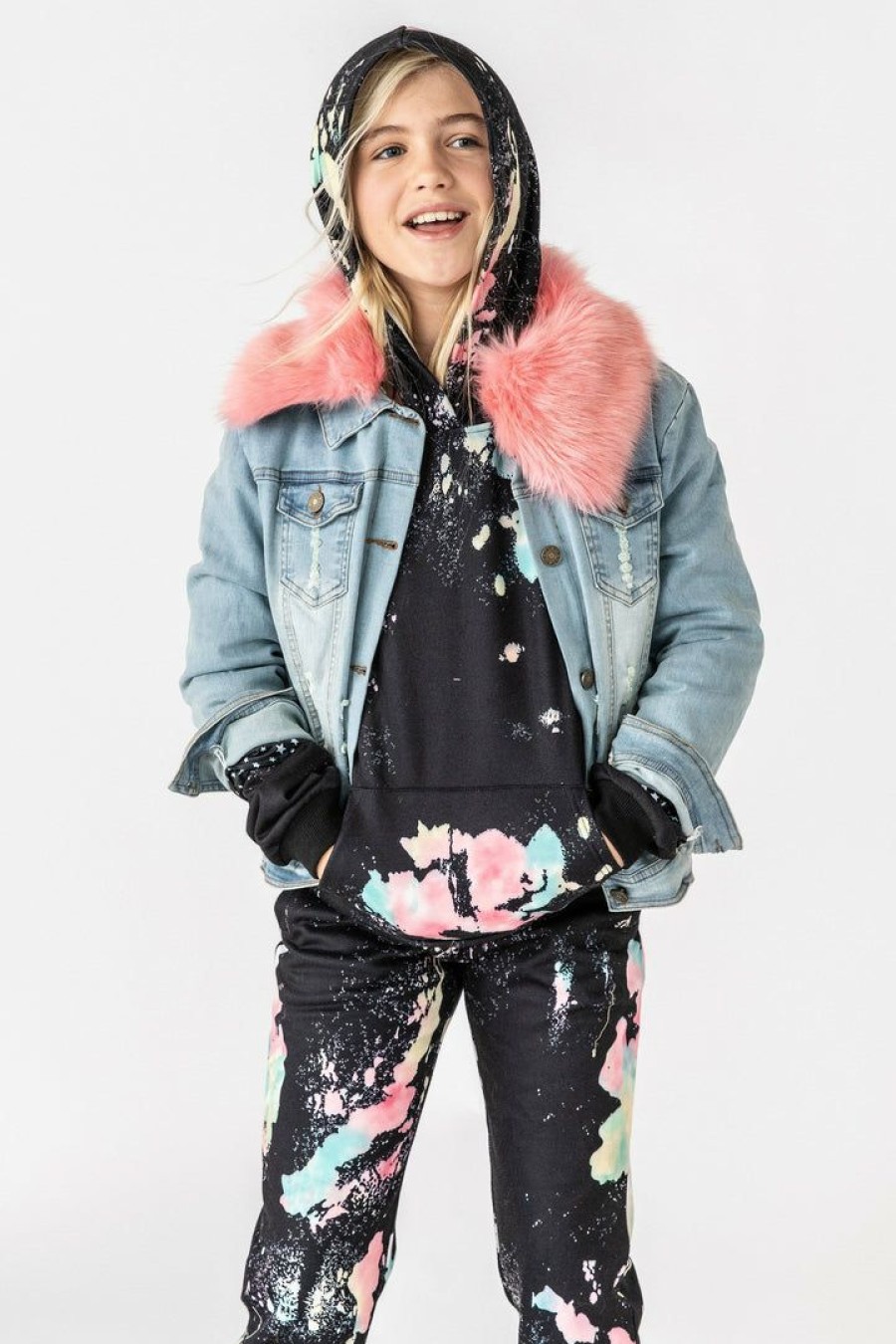 Girls * | Lola + The Boys Distressed Faux Fur Denim Girls