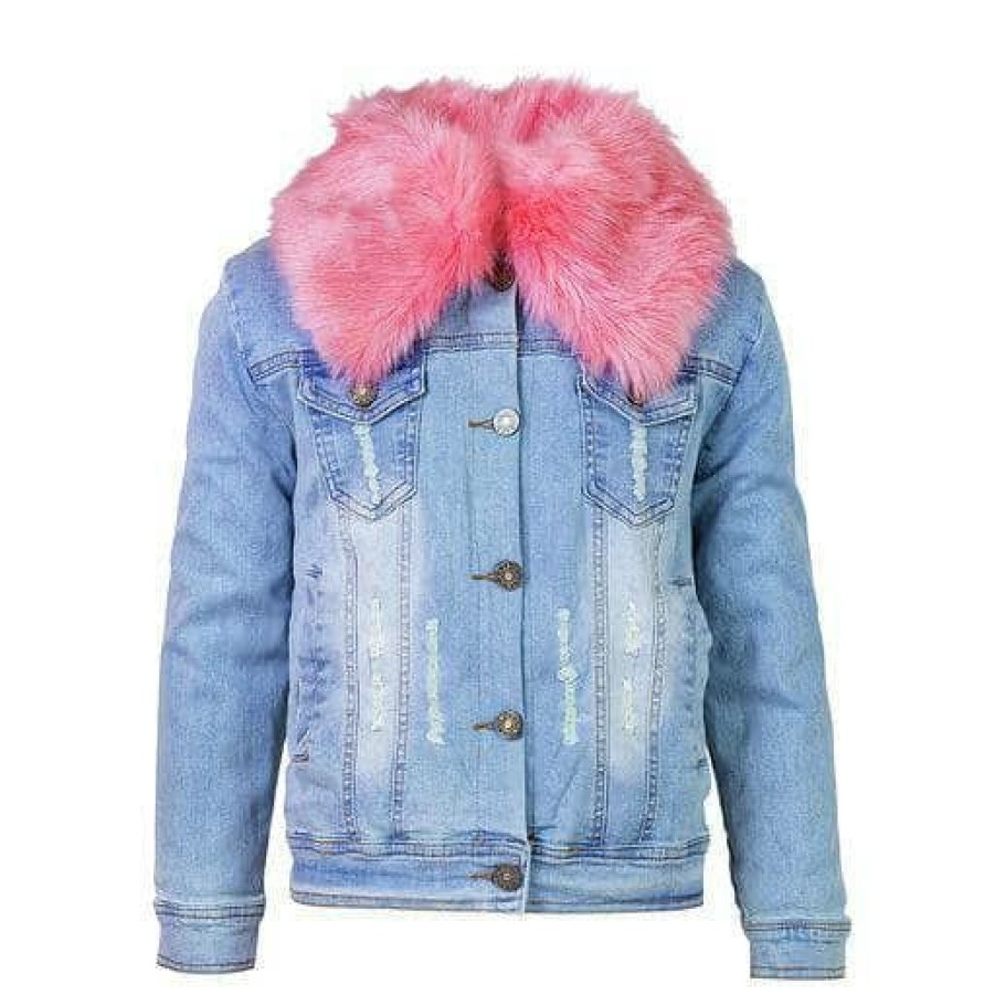 Girls * | Lola + The Boys Distressed Faux Fur Denim Girls