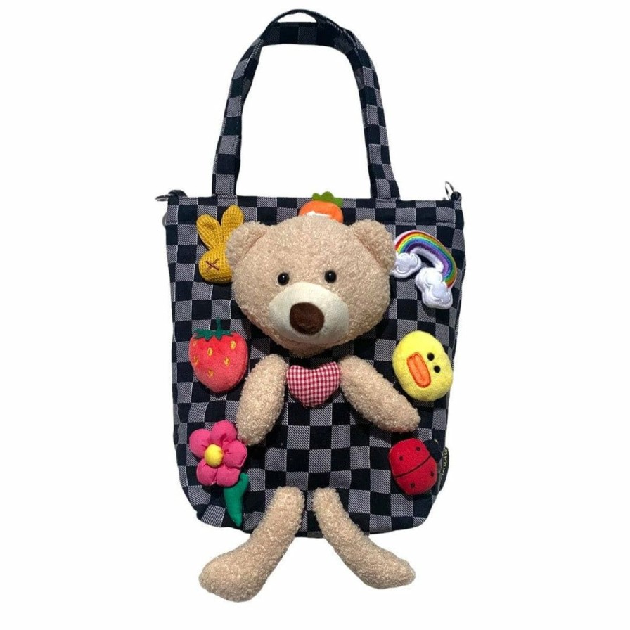 Accessories * | Lola + The Boys Checkered Beary Cute Plushie Tote