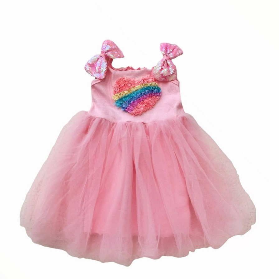 Girls * | Lola + The Boys 3D Rainbow Heart Tulle Dress New Arrivals