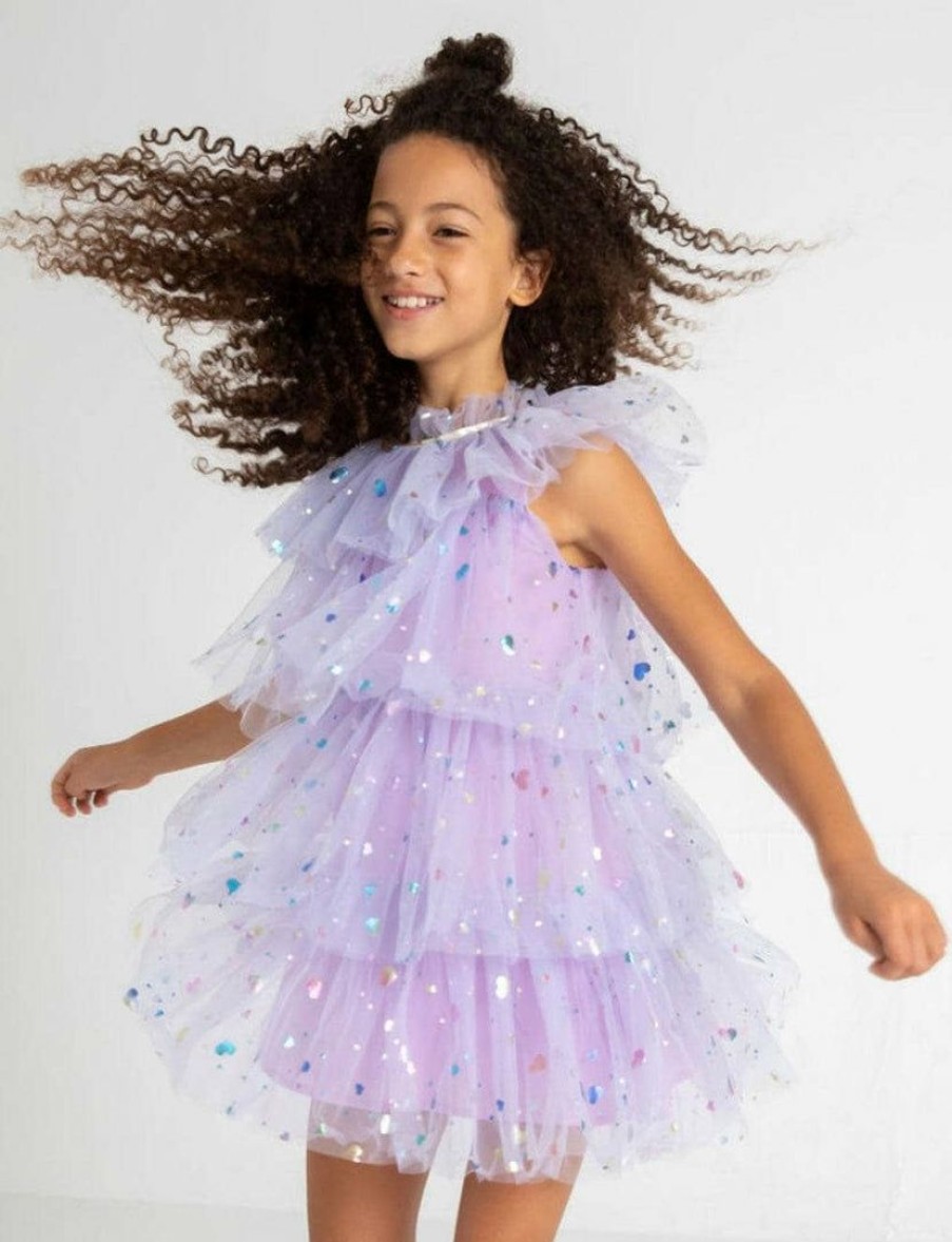 Girls * | Lola + The Boys Foil Hearts Tulle Dress New Arrivals Lavender