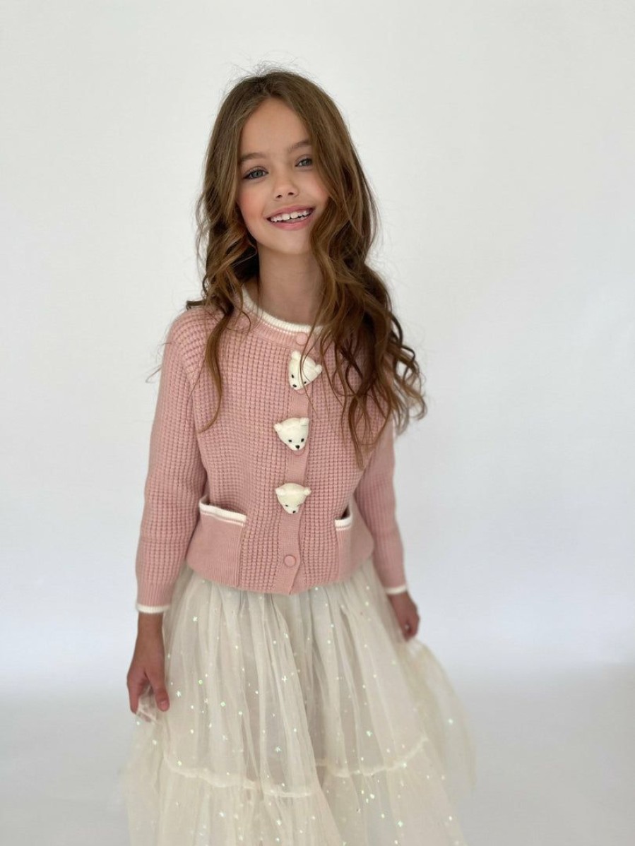 Girls * | Lola + The Boys New Arrivals Pink Bear Knit Cardigan