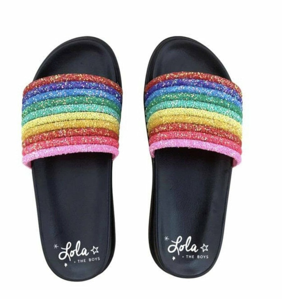 Girls * | Lola & The Boys Black Glitter Rainbow Slides