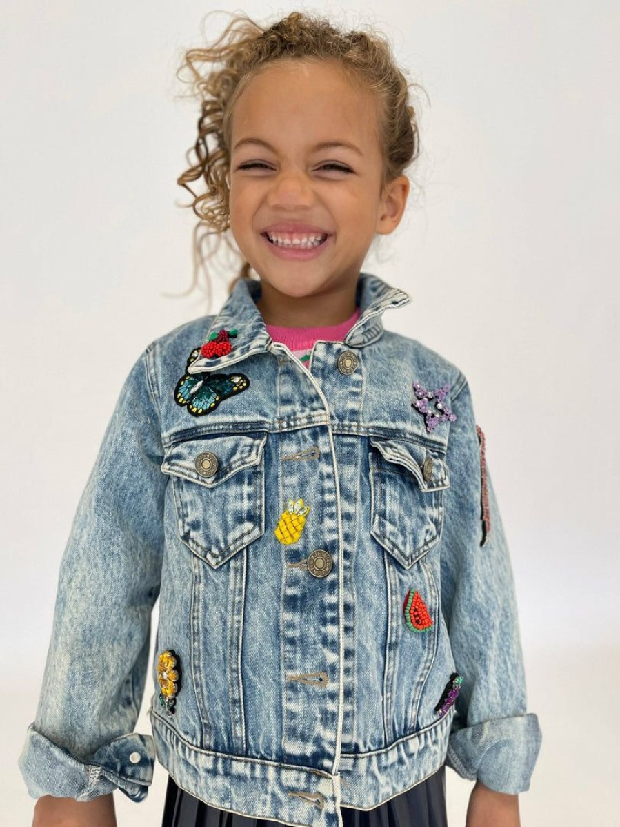 Girls * | Lola + The Boys Beaded Crystal Fruit Crop Denim Jacket