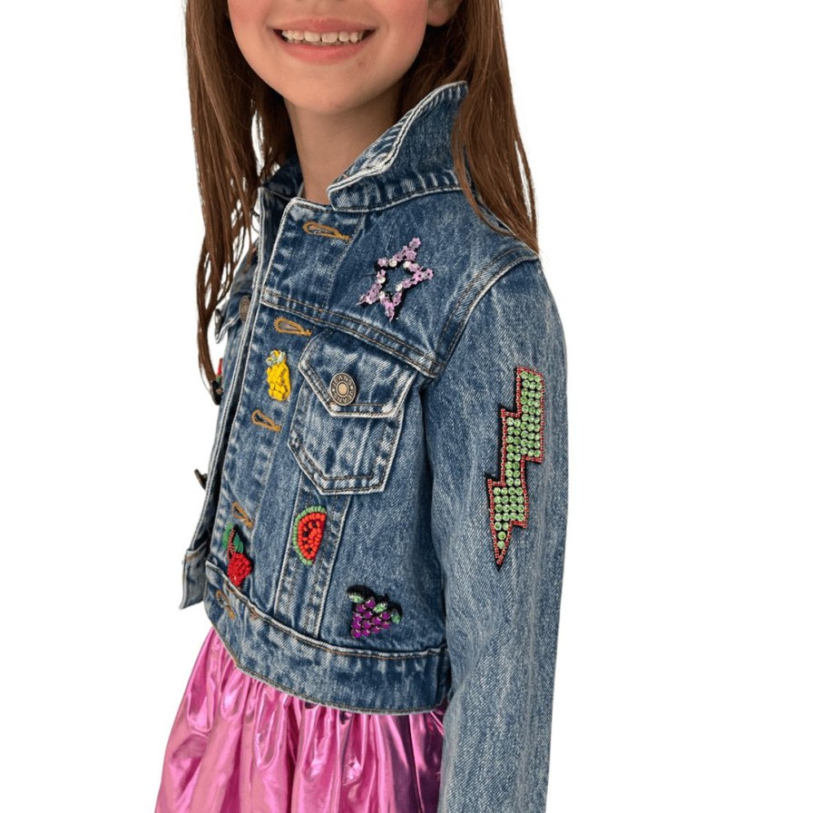 Girls * | Lola + The Boys Beaded Crystal Fruit Crop Denim Jacket