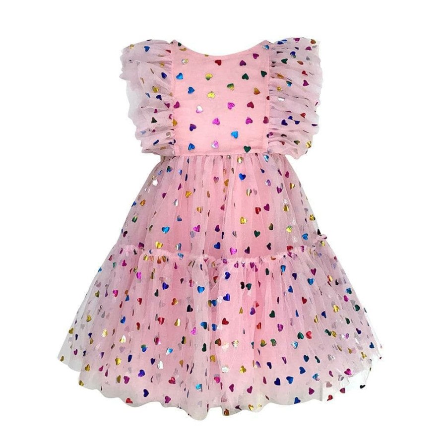 Girls * | Lola + The Boys Foil Rainbow Hearts Tulle Dress