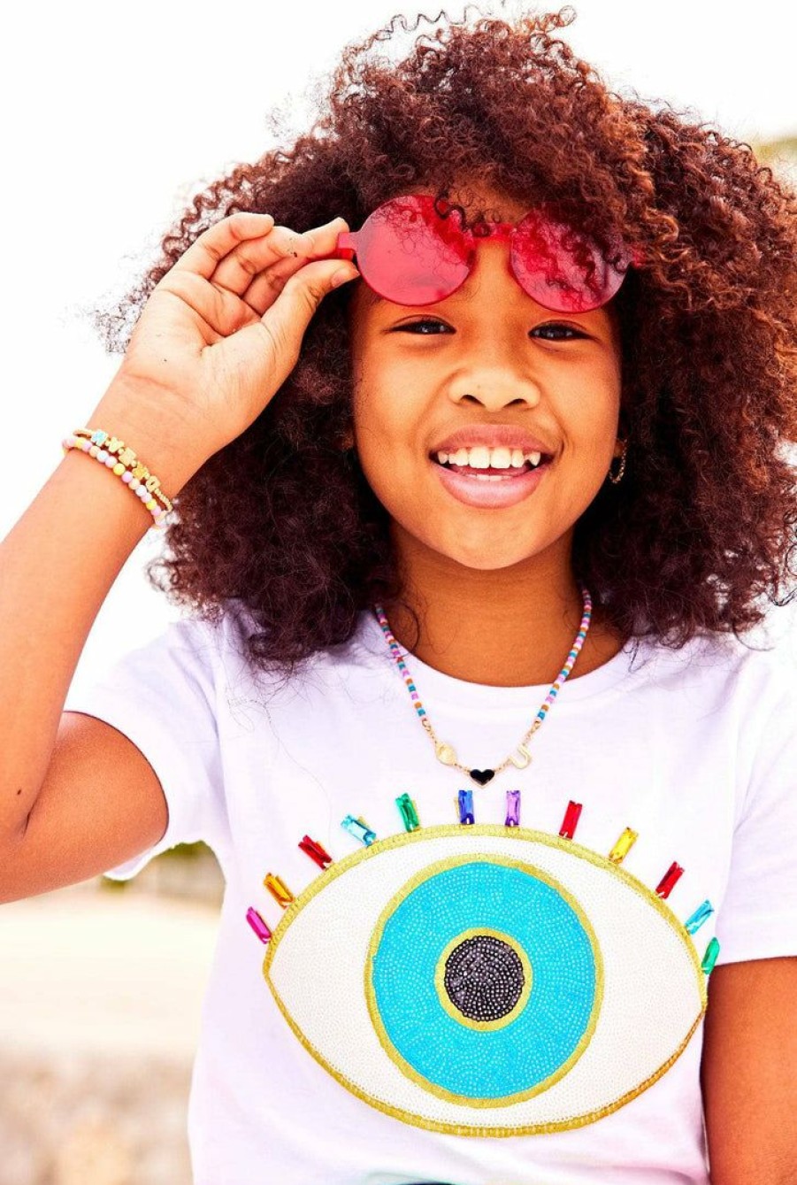 Girls * | Lola + The Boys Girls White Rainbow Evil Eye Tee