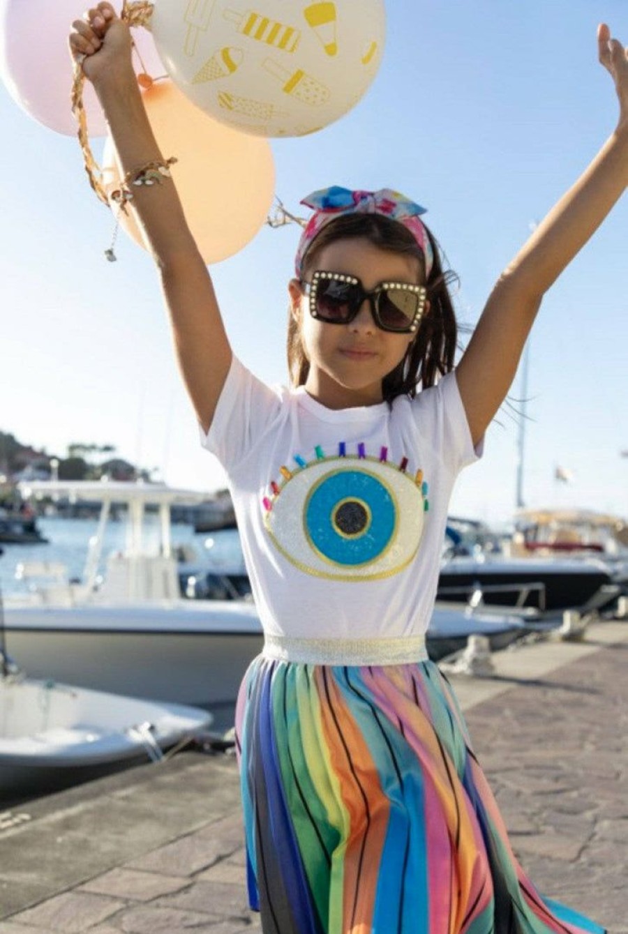 Girls * | Lola + The Boys Girls White Rainbow Evil Eye Tee