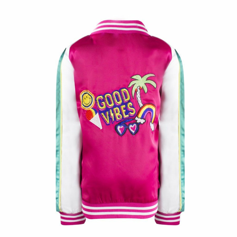 Girls * | Lola & The Boys New Arrivals Girls Good Vibes Embroidered Satin Bomber