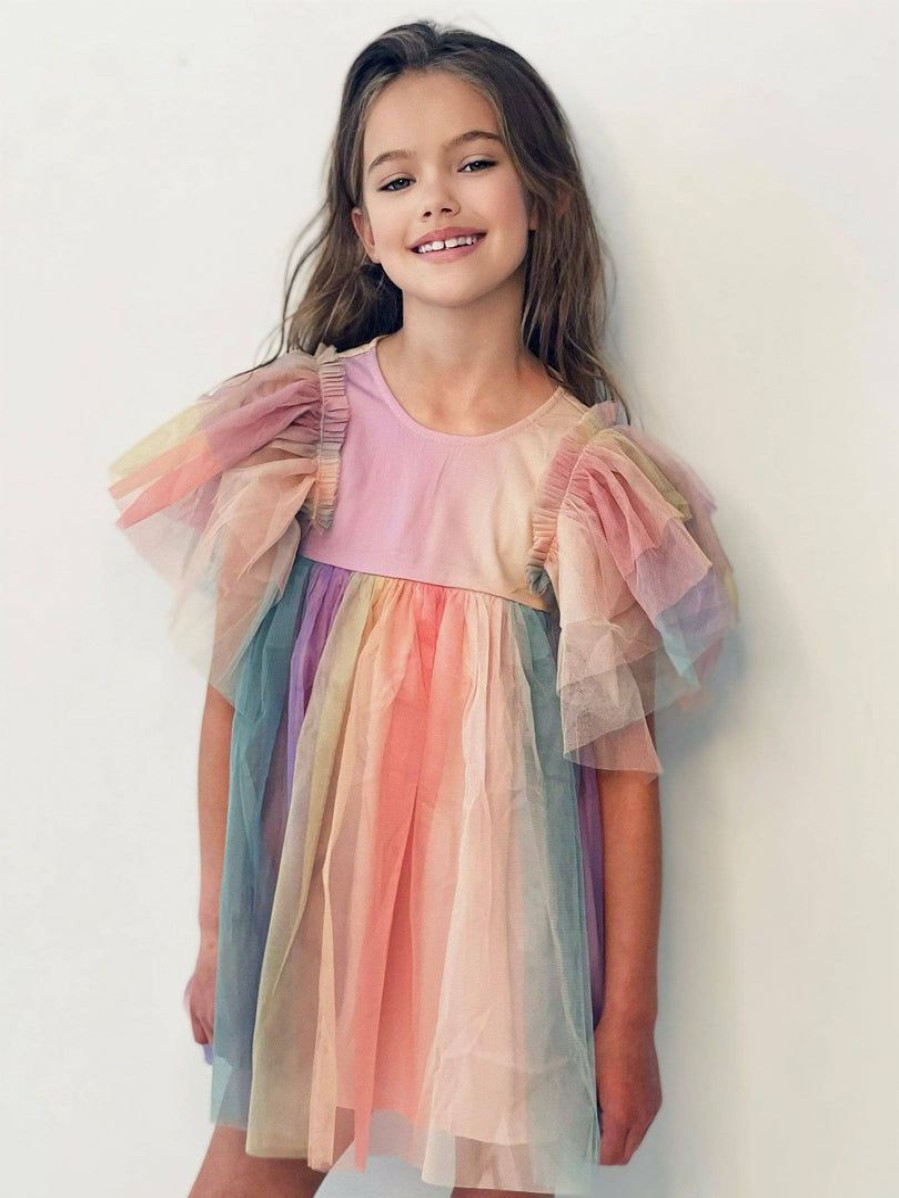 Girls * | Lola + The Boys Sunset Rainbow Tulle Dress Girls