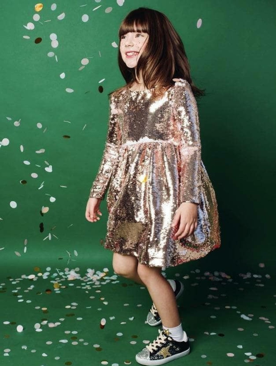 Girls * | Lola & The Boys Rose Sequin Flip Party Dress Gold