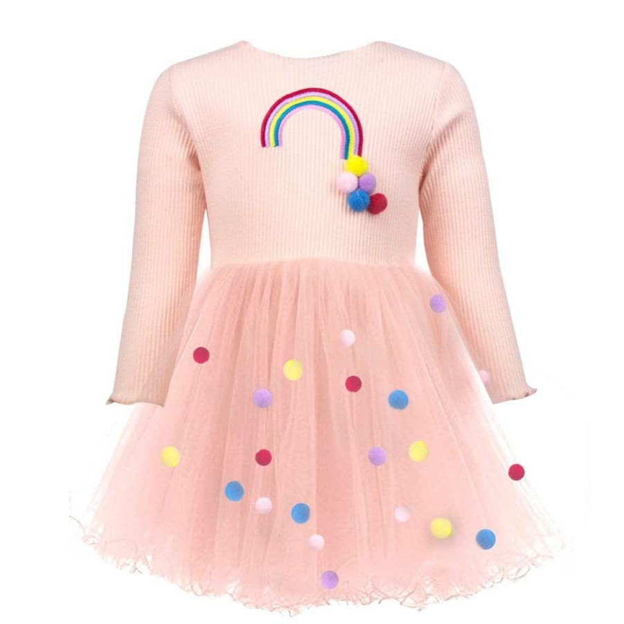 Girls * | Lola & The Boys Rainbow & Pom Pom Dress Girls Pink