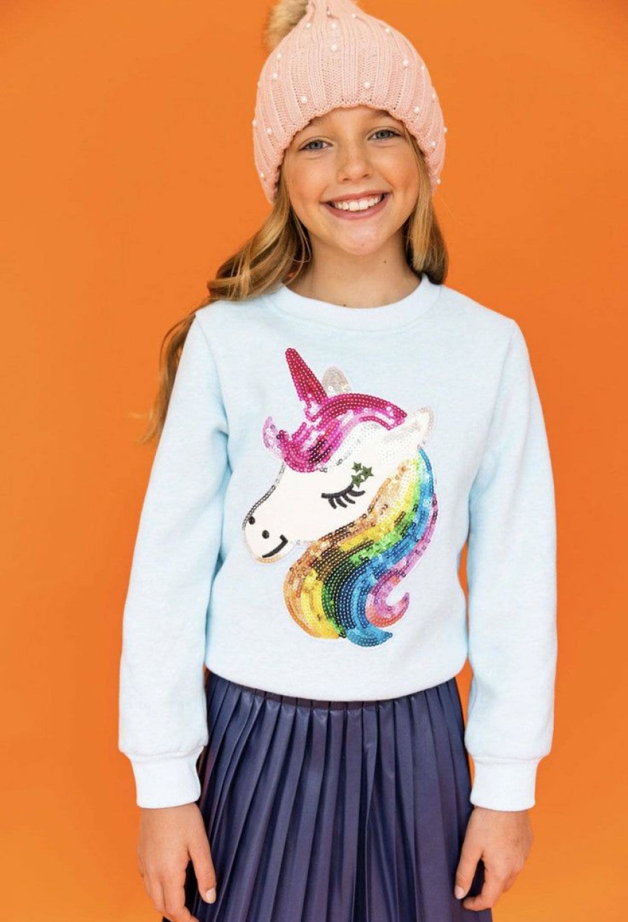 Girls * | Lola & The Boys Sky Blue Rainbow Unicorn Sweatshirt