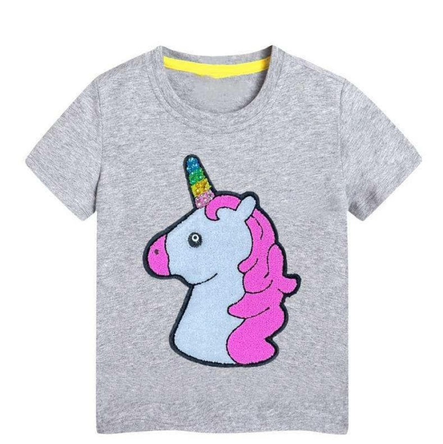 Girls * | Lola + The Boys Girls Grey Rainbow Crystal Unicorn T-Shirt