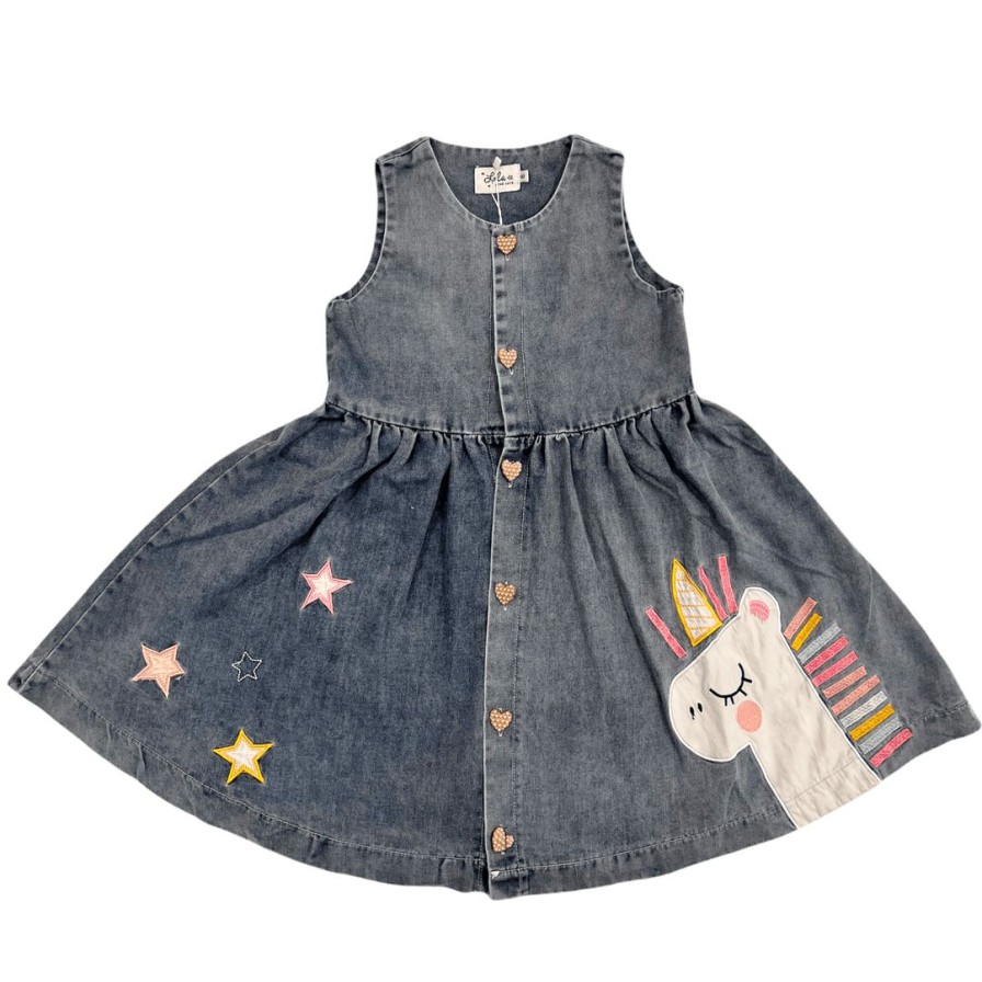 Girls * | Lola + The Boys Unicorn Stars Dress New Arrivals Denim