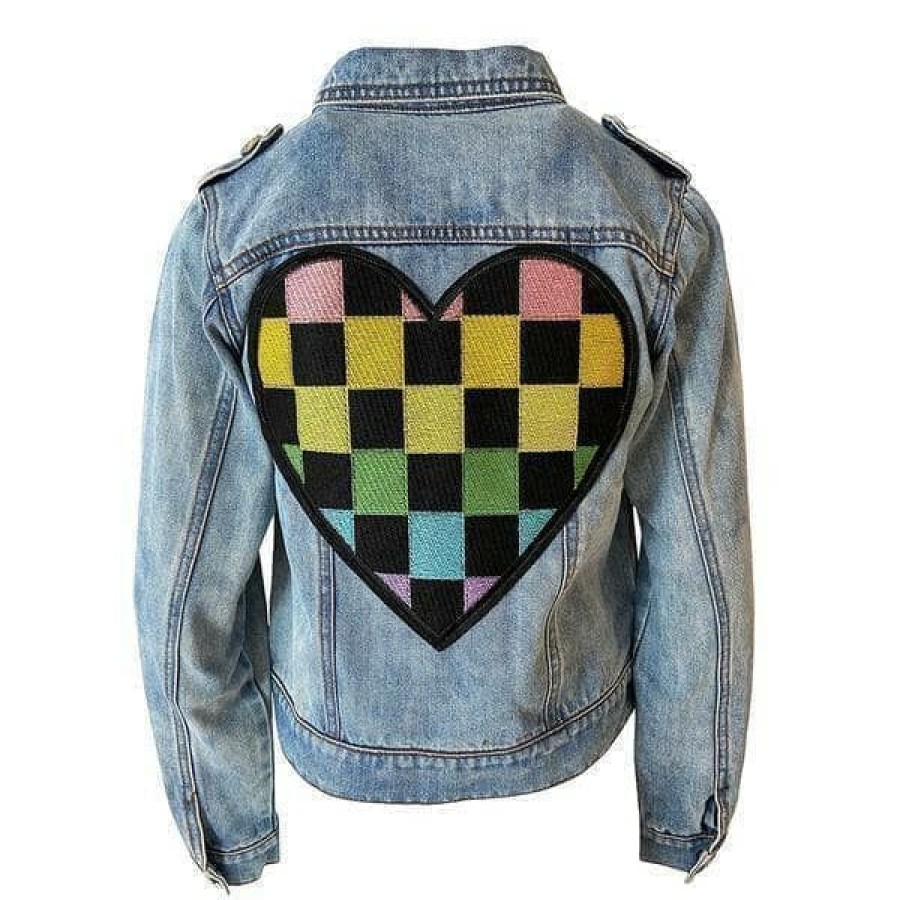 Girls * | Lola + The Boys Crystal Checkered Heart Denim Jacket New Arrivals