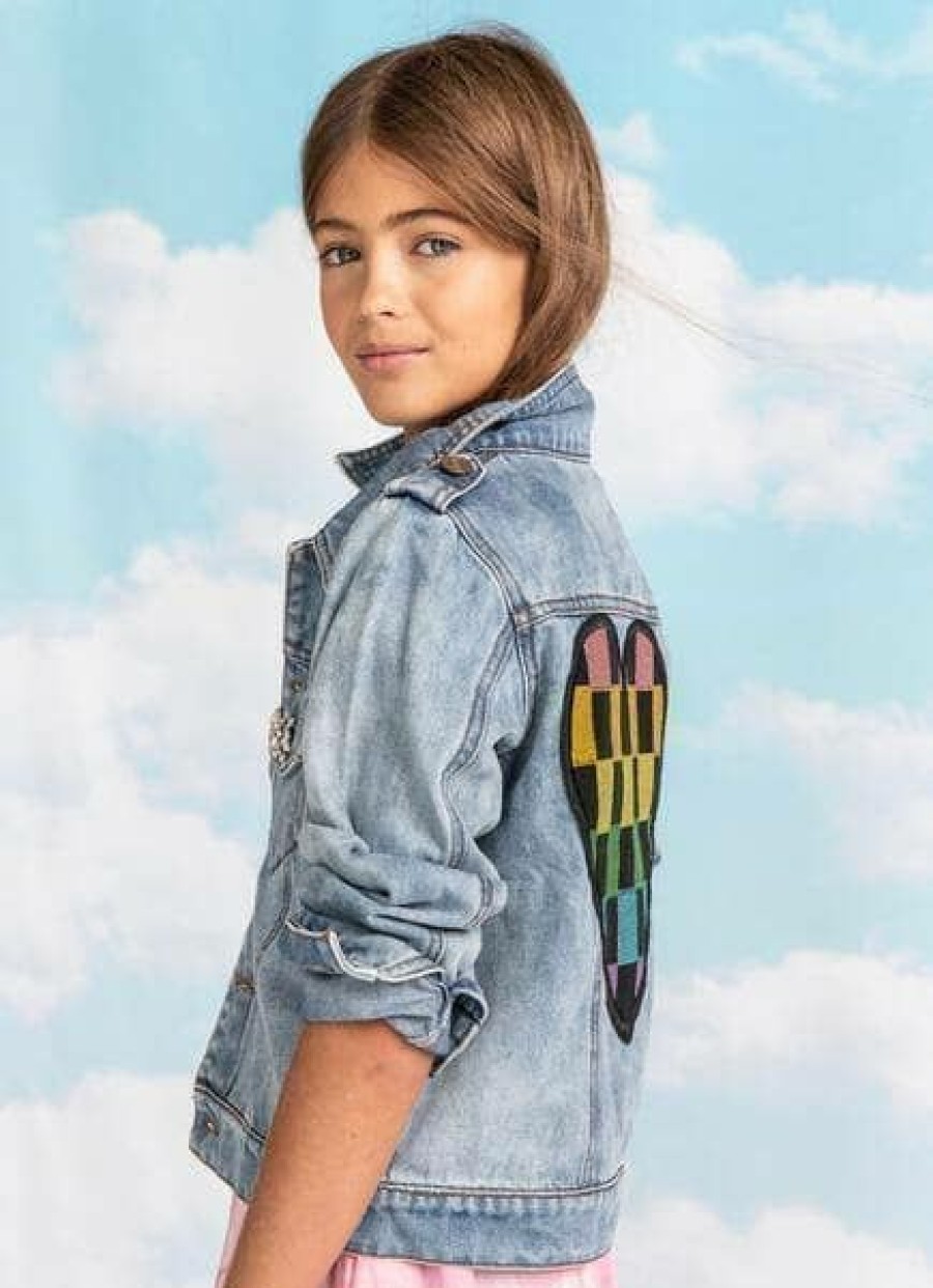 Girls * | Lola + The Boys Crystal Checkered Heart Denim Jacket New Arrivals