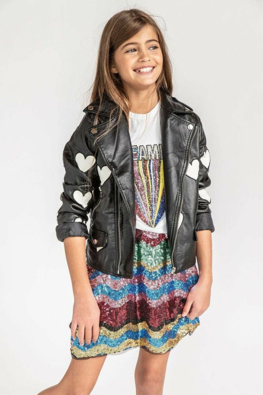 Girls * | Lola + The Boys Girls I Heart You Vegan Leather Jacket