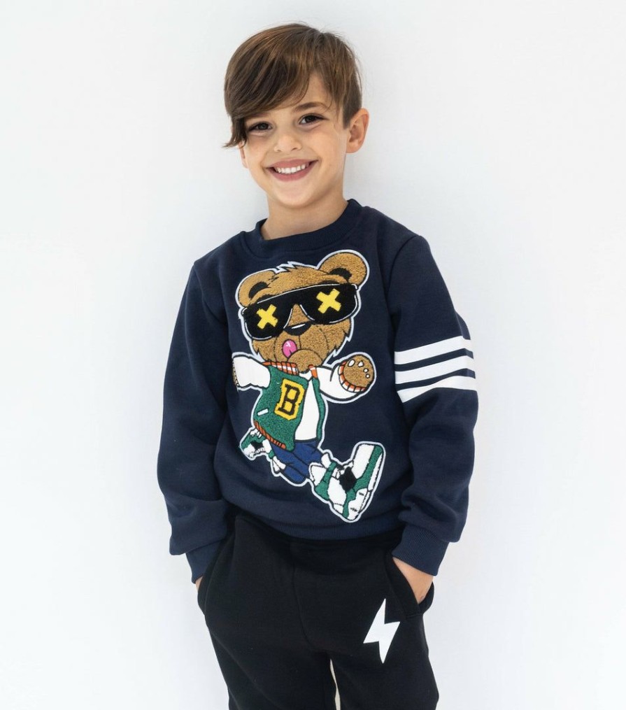 Girls * | Lola + The Boys Teddy Athletic Patch Navy Sweatshirt