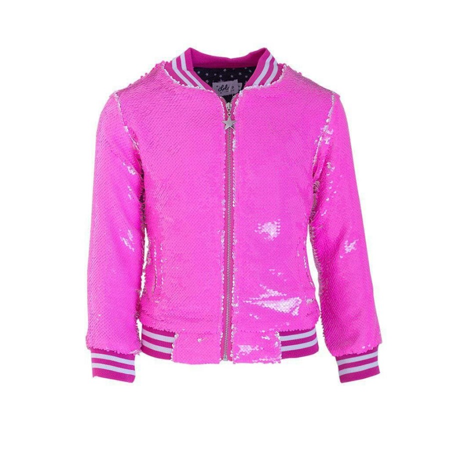 Girls * | Lola + The Boys New Arrivals Neon Pink Sequin Flip Bomber