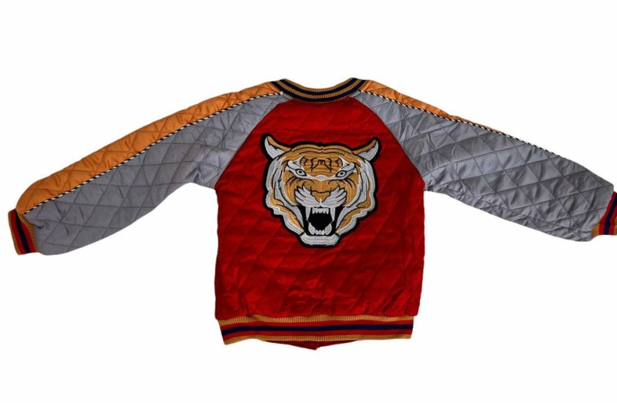 Boys * | Lola + The Boys Tiger Quilted Bomber Red/Grey