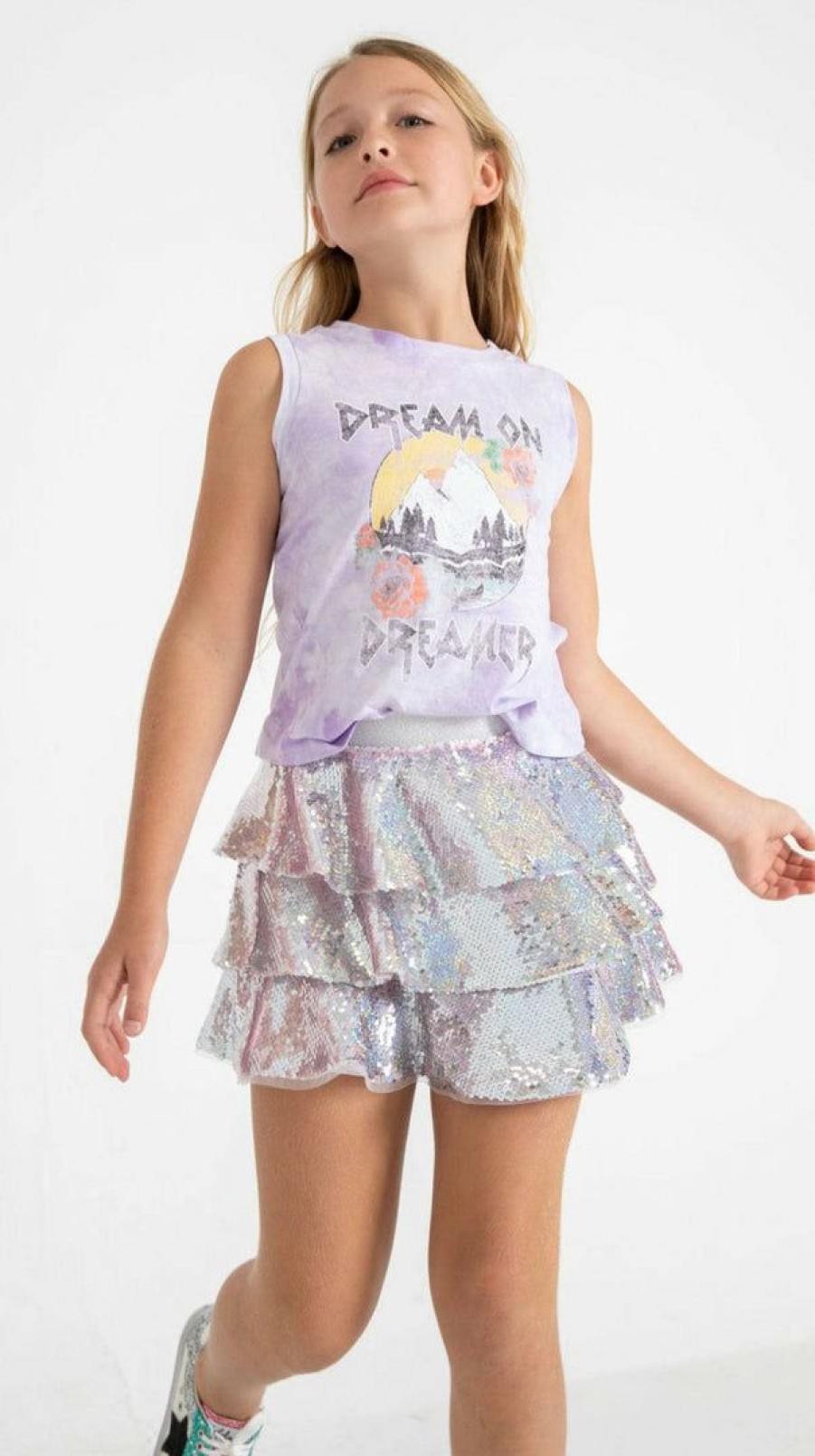 Girls * | Lola + The Boys 3 Layers Shimmering Silver Sequin Skirt Girls