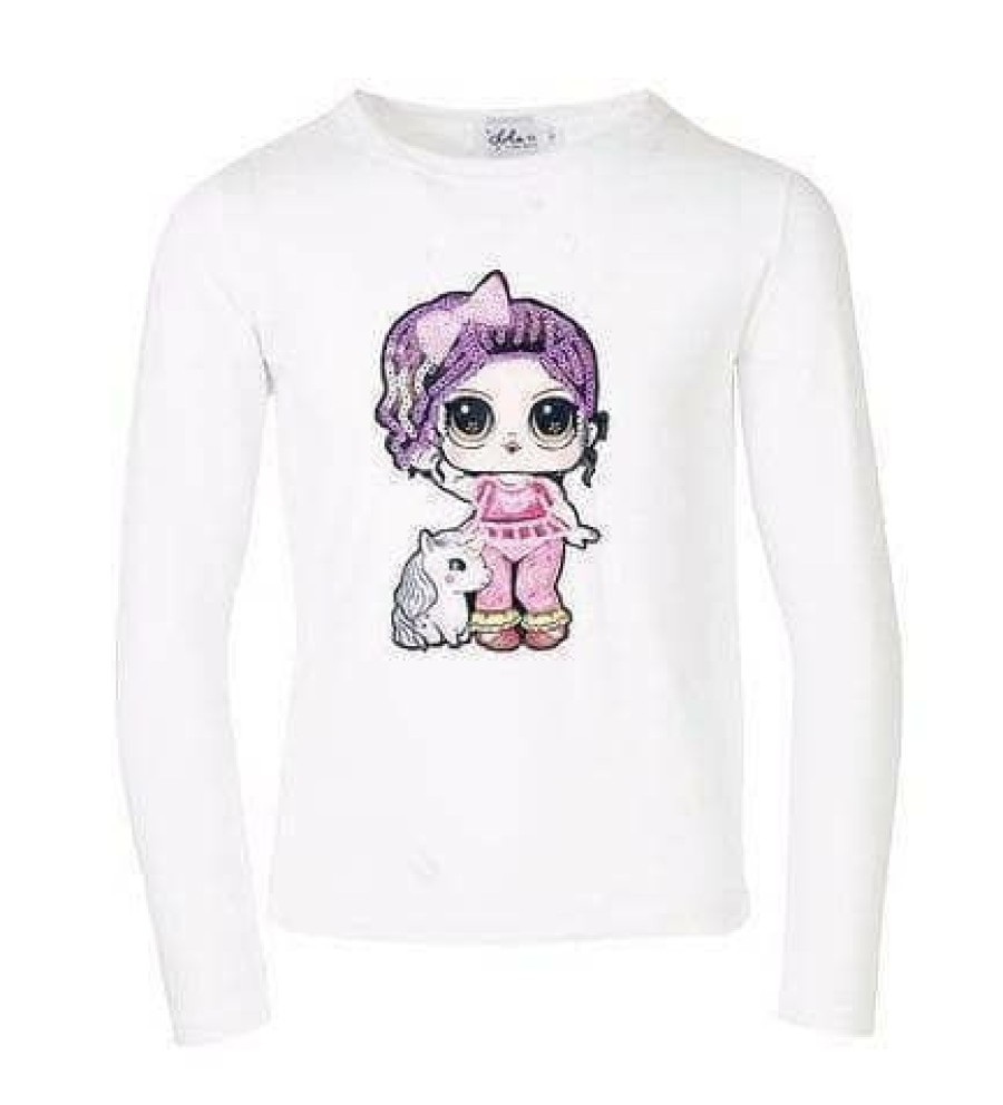 Girls * | Lola + The Boys Girls Doll And Unicorn Long Sleeve Shirt White