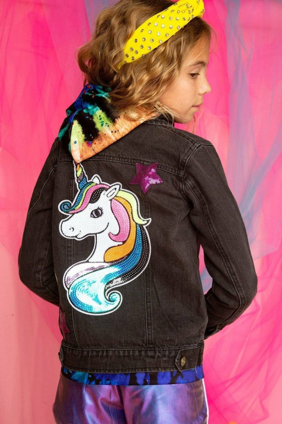 Girls * | Lola + The Boys Stone Wash Unicorn & Stars Denim Jacket Girls Grey Denim